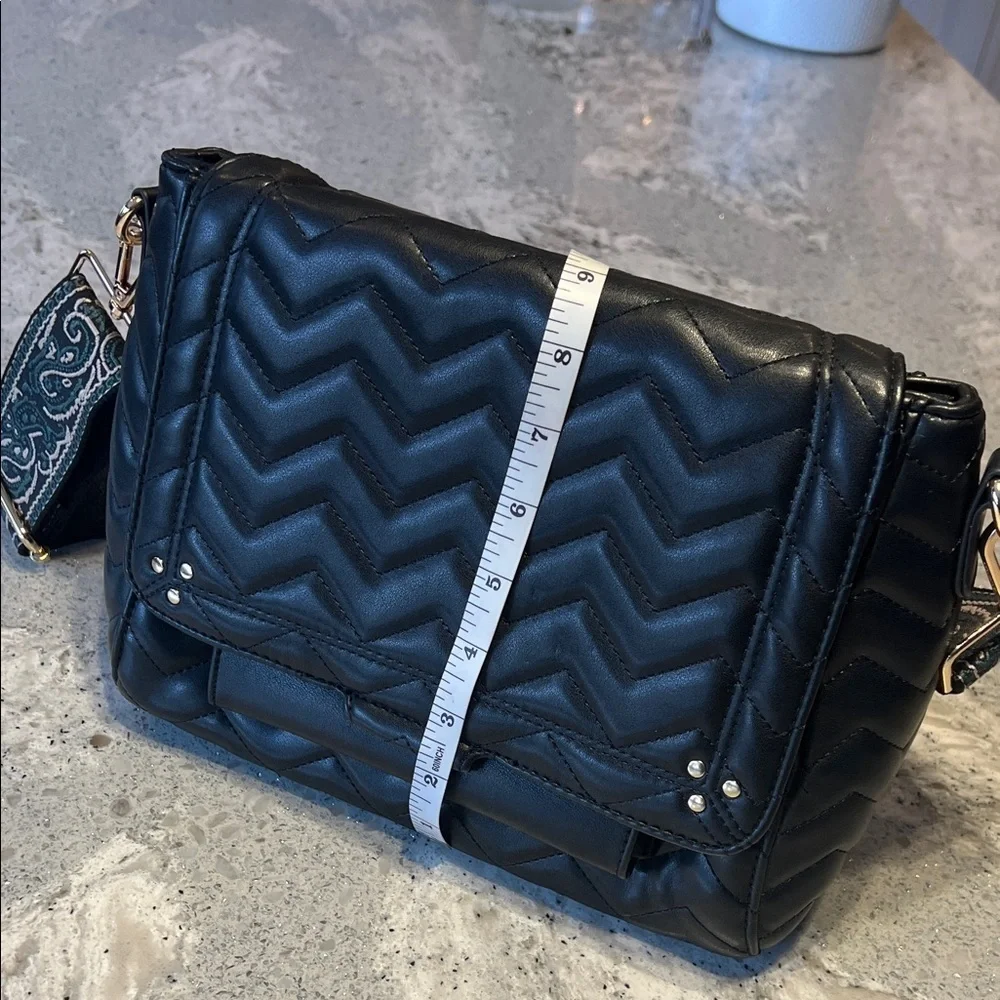Black Quilted Chevron Crossbody Bag with Guitar style strap 9” X 11” X 4”